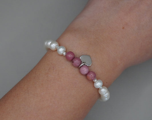 Rhodochrosit und Süsswasserperlen-Armband mit Herzanhänger